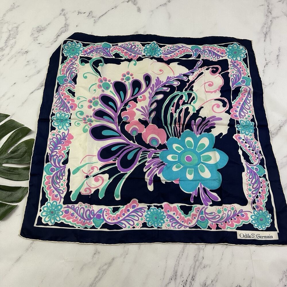 Odile St Germain Vintage Silk Scarf Blue Pink Pasiley Floral Square Lightweight